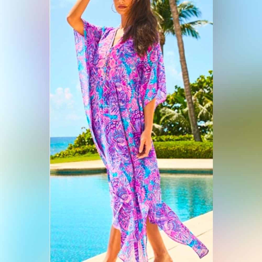 NWT LILLY PULITZER ROSSI CAFTAN/COVER TURQUOISE OASIS SHELLEIDOSCOPE